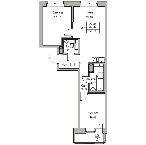 3-к eвро 56.18 м²