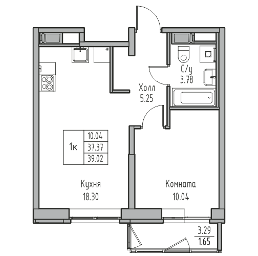 1-комнатная 39.02 м²