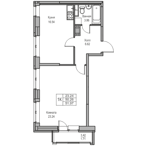 2-к eвро 51.97 м²