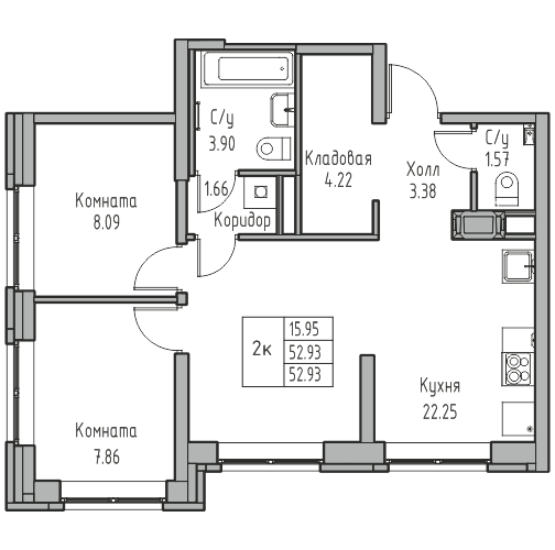 2-комнатная 52.93 м²