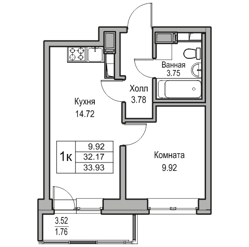 2-к eвро 33.93 м²