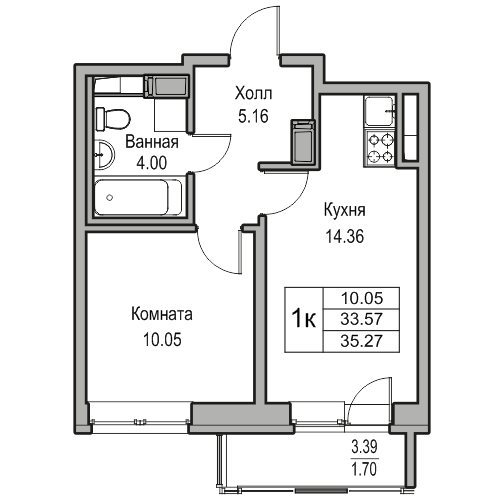 2-к eвро 35.27 м²