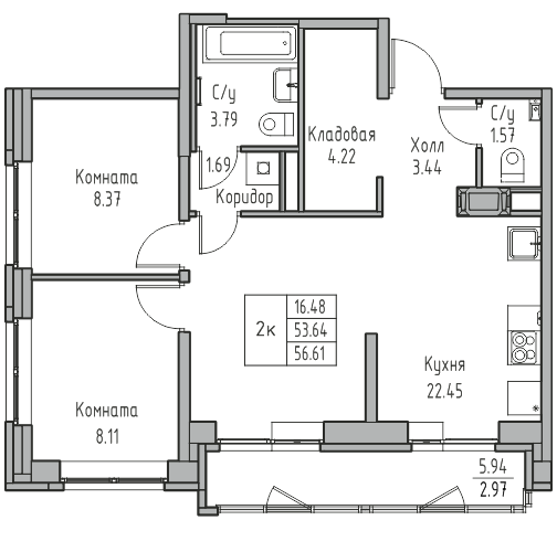 2-комнатная 56.61 м²