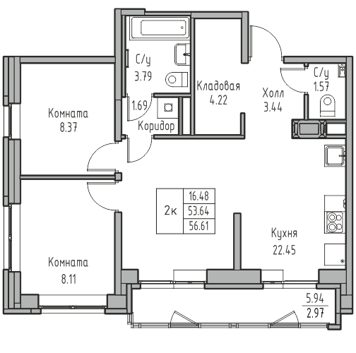 2-комнатная 56.61 м²