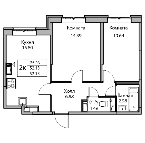 3-к eвро 51.8 м²