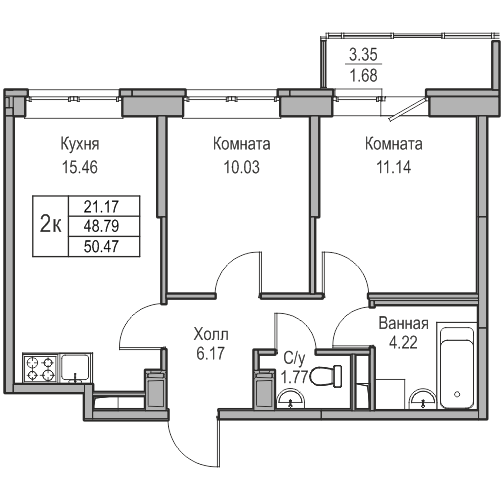 3-к eвро 50.47 м²