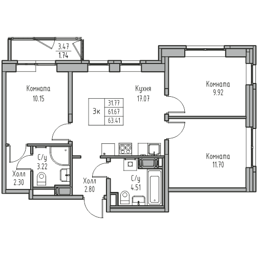 3-комнатная 63.41 м²