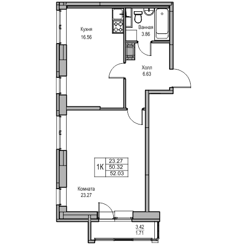 2-к eвро 52.03 м²