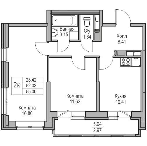 2-комнатная 55 м²