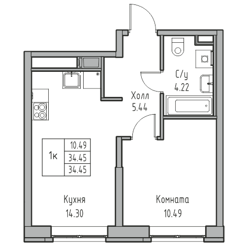 1-комнатная 34.45 м²