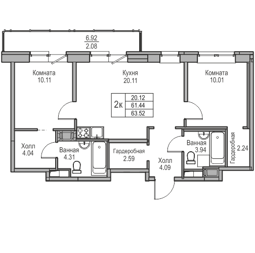 3-к eвро 63.52 м²