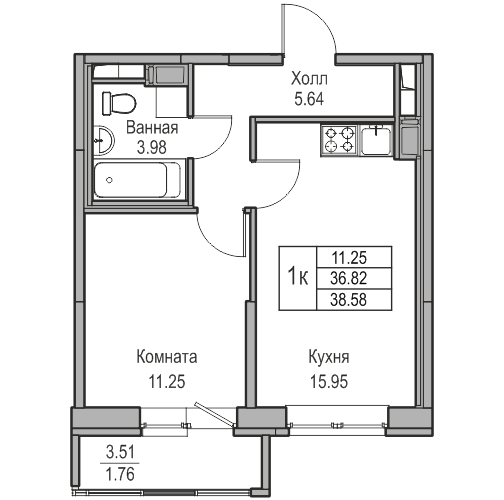 2-к eвро 38.58 м²