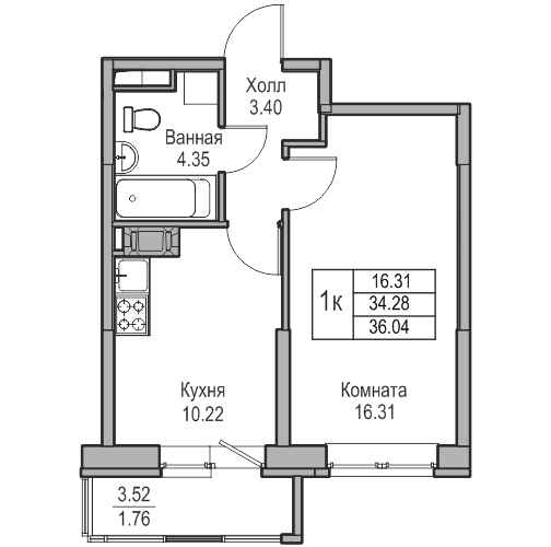 1-комнатная 36.04 м²