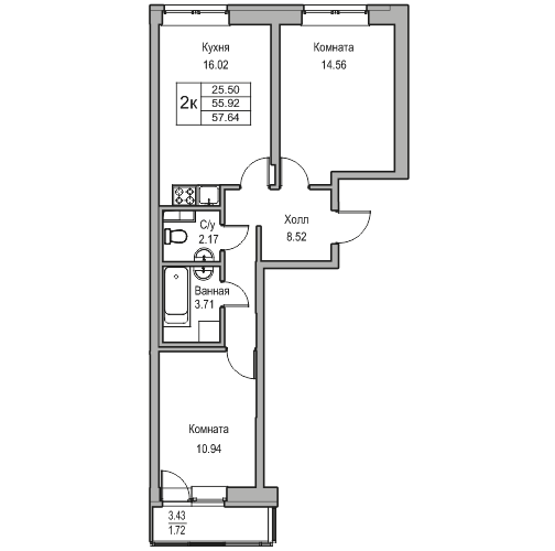 3-к eвро 57.64 м²