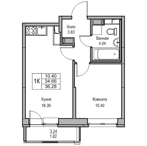 2-к eвро 36.28 м²