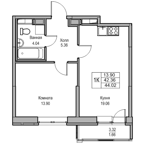 2-к eвро 44.02 м²