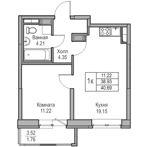 2-к eвро 40.69 м²