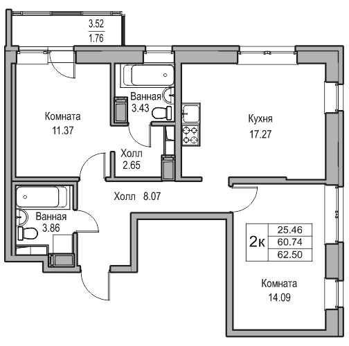 3-к eвро 62.5 м²