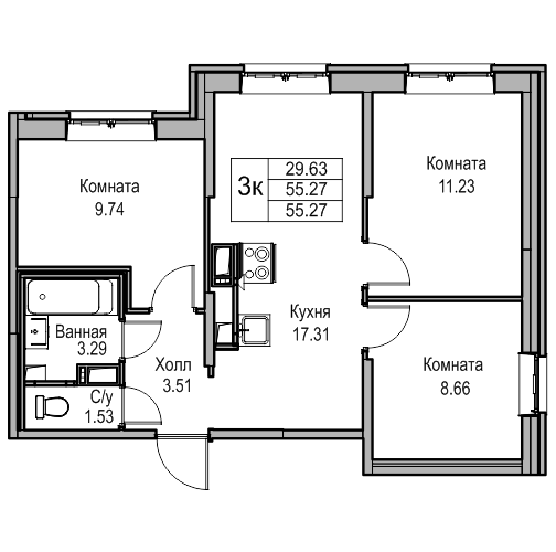 4-к eвро 54.9 м²