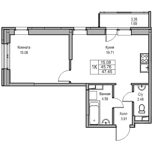 2-к eвро 47.45 м²