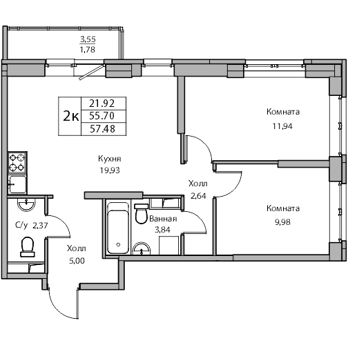 3-к eвро 57.48 м²