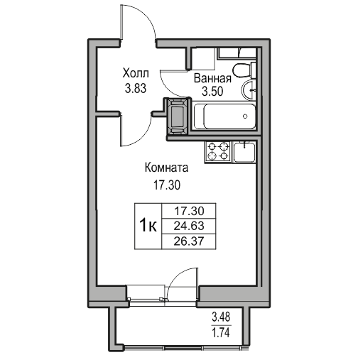 Студия 26.37 м²