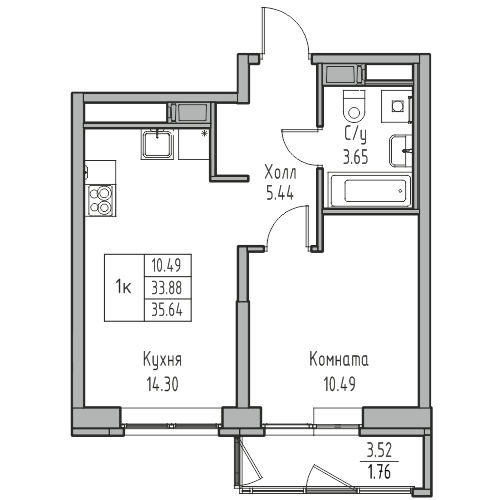 1-комнатная 35.64 м²