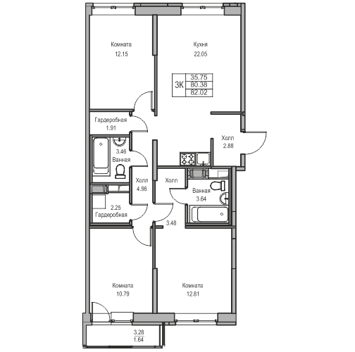 Четырехкомнатная евро 82.02 м²