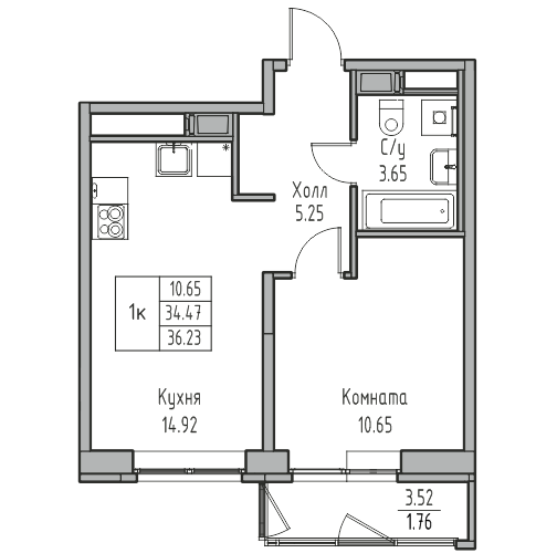 1-комнатная 36.23 м²