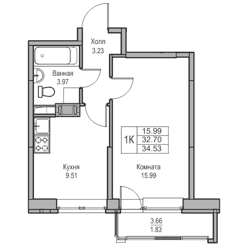 1-комнатная 34.53 м²