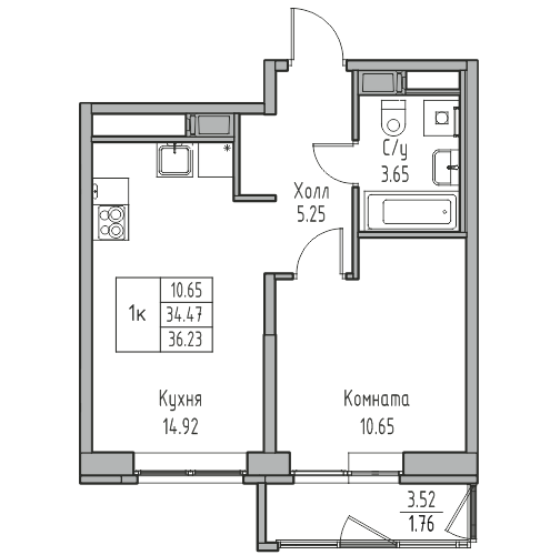 1-комнатная 36.23 м²