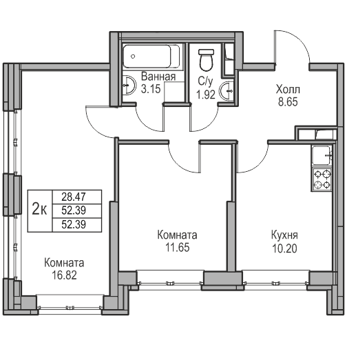 2-комнатная 52.39 м²