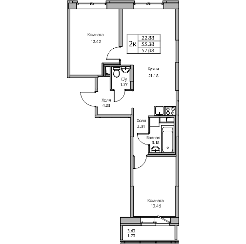 3-к eвро 57.08 м²