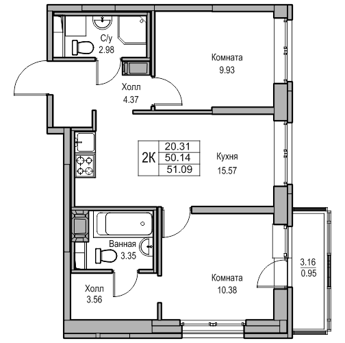 3-к eвро 51.09 м²