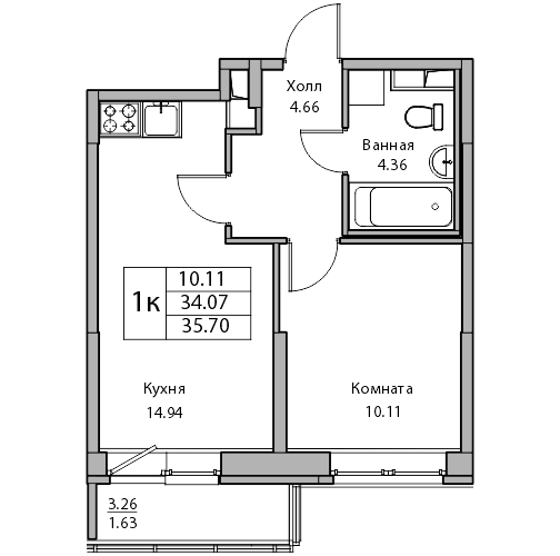 2-к eвро 35.7 м²