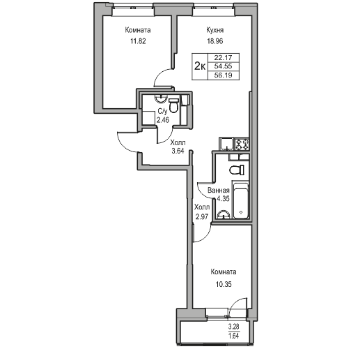 3-к eвро 56.19 м²