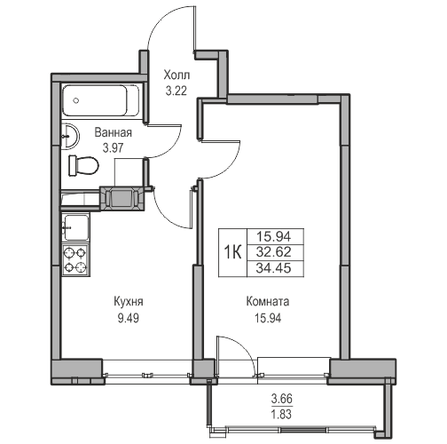 1-комнатная 34.45 м²