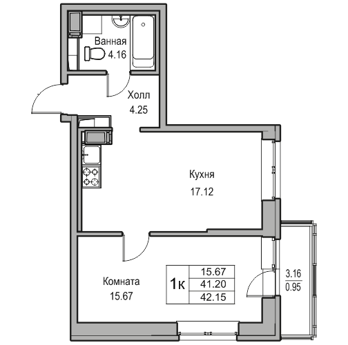 2-к eвро 42.15 м²