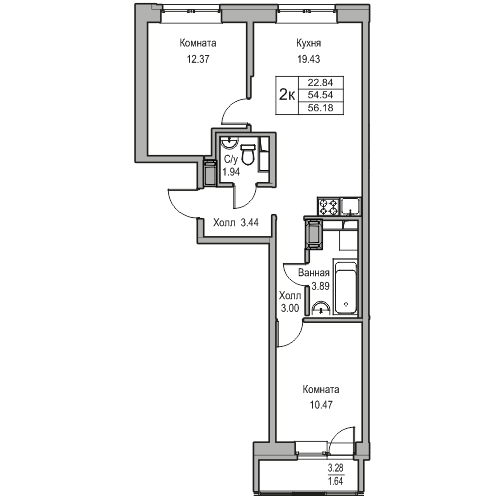 3-к eвро 56.18 м²