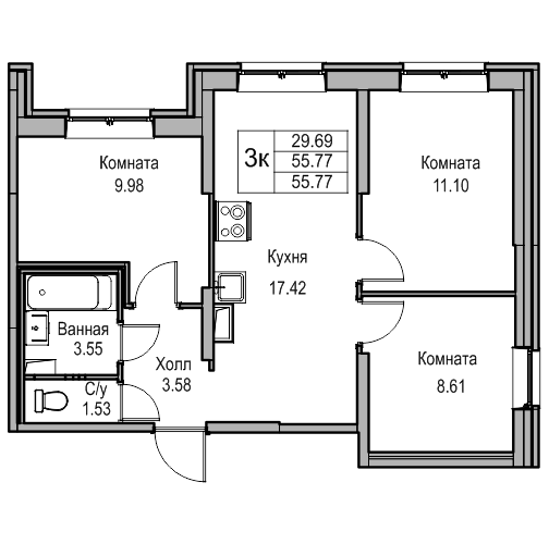 4-к eвро 55.3 м²