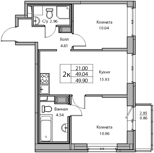 3-к eвро 49.9 м²