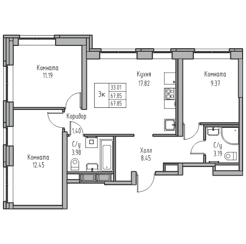 3-комнатная 67.85 м²