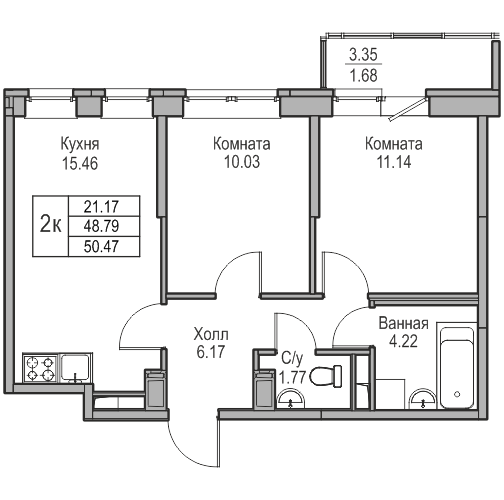 3-к eвро 50.47 м²