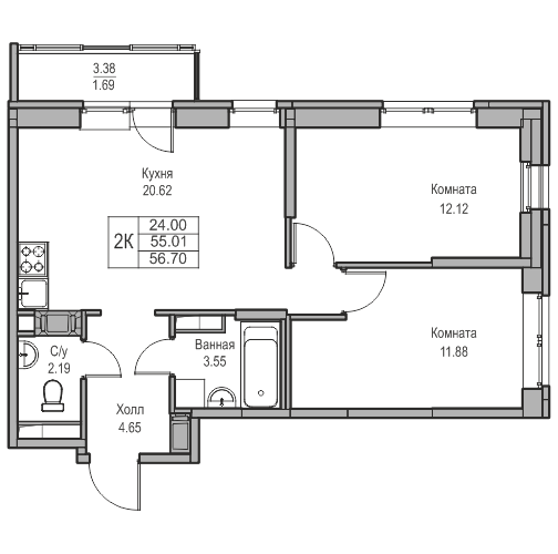 3-к eвро 56.7 м²