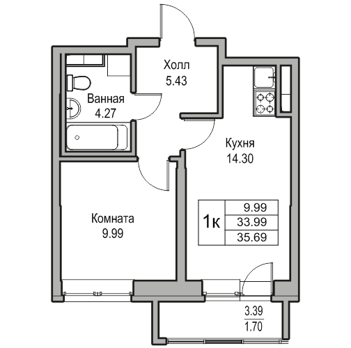 2-к eвро 35.69 м²