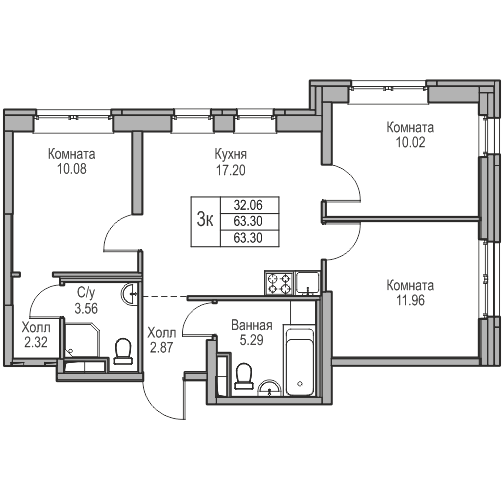 4-к eвро 63.3 м²