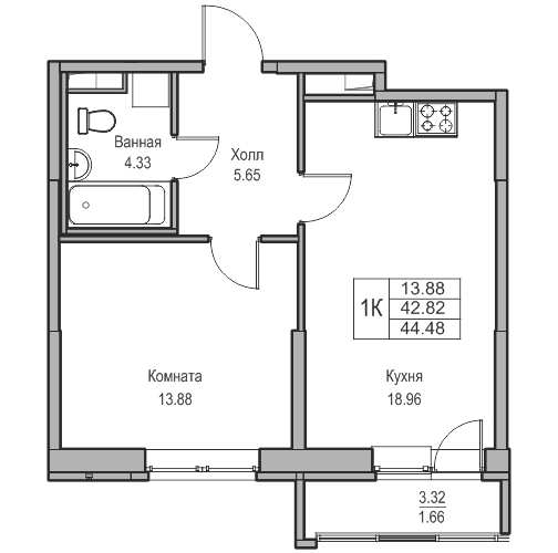 2-к eвро 44.48 м²