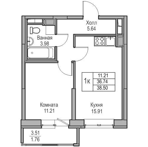 2-к eвро 38.5 м²