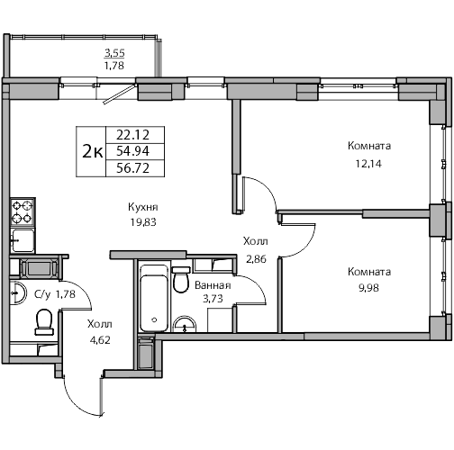 3-к eвро 56.72 м²