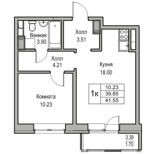 2-к eвро 41.55 м²